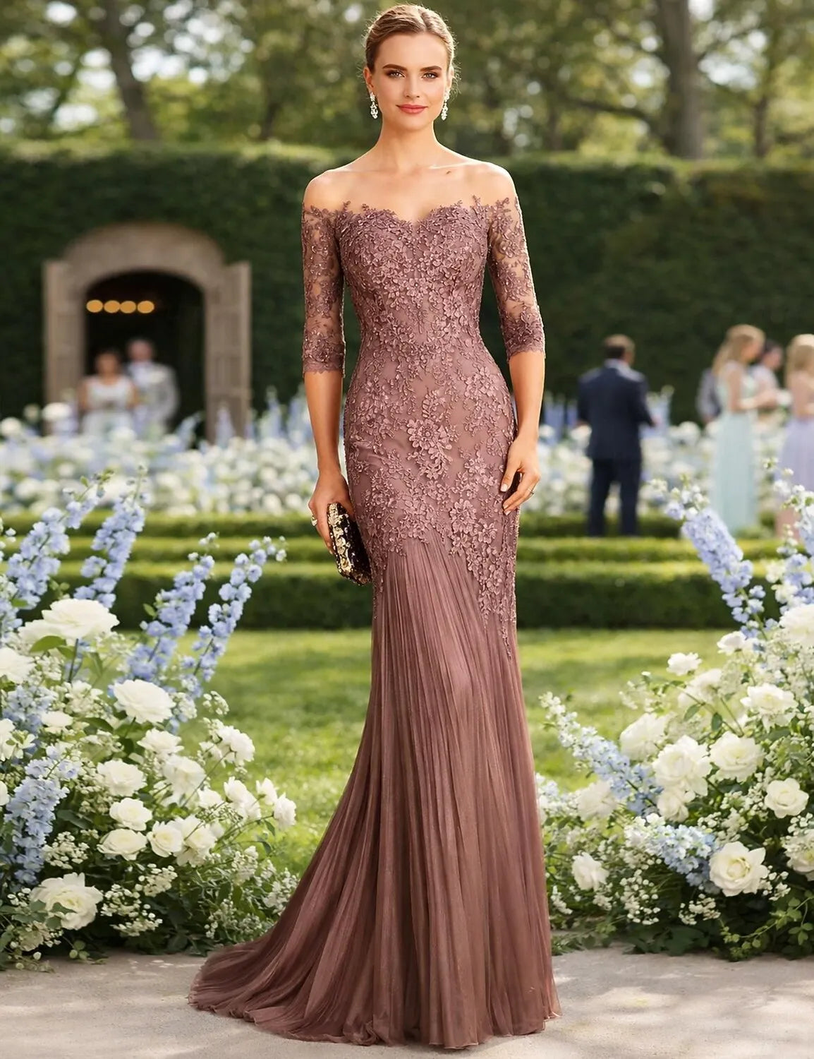 Romantic Mermaid Off-Shoulder 3/4 Sleeve Applique Mocha Floor-Length Prom Dress