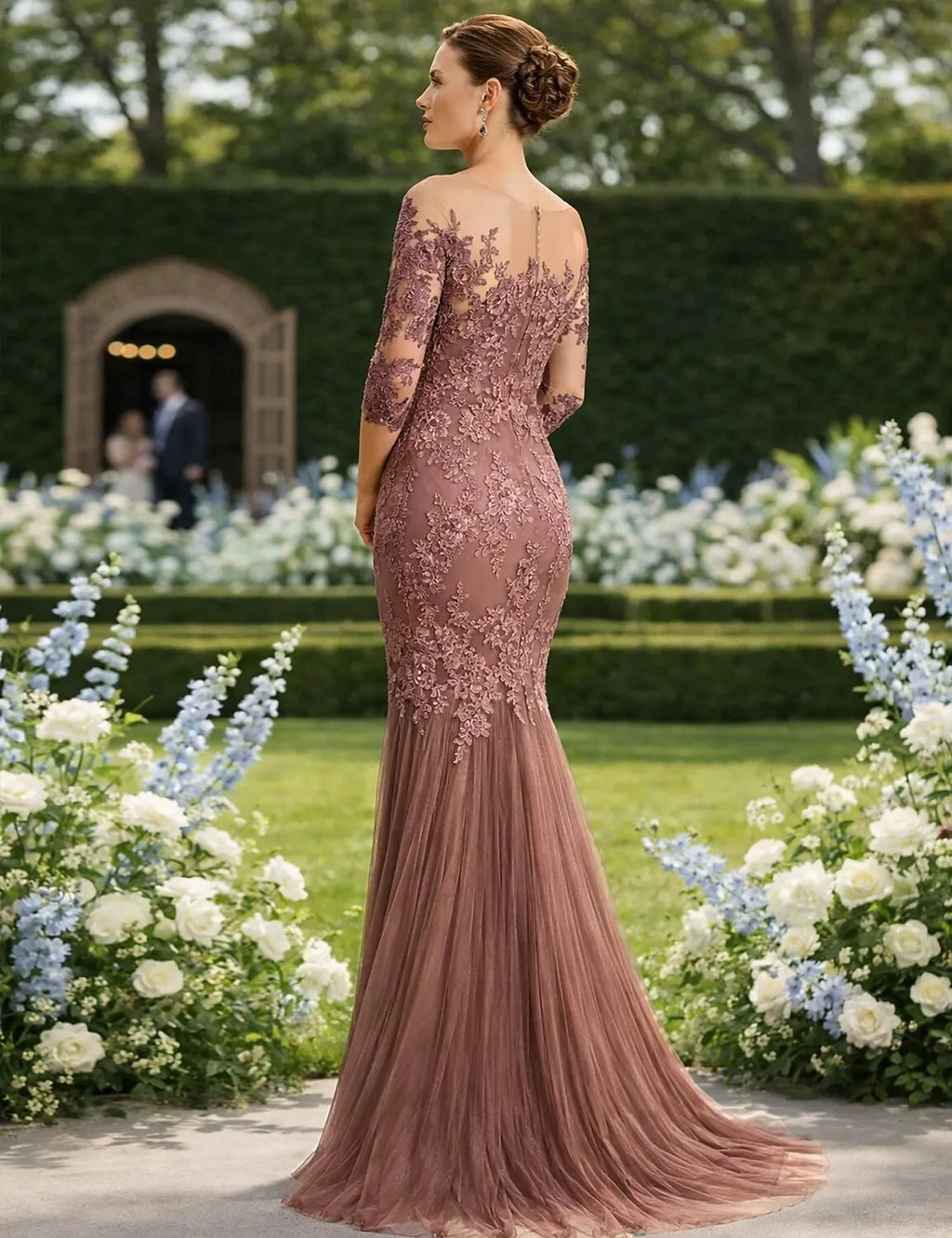 Romantic Mermaid Off-Shoulder 3/4 Sleeve Applique Mocha Floor-Length Prom Dress