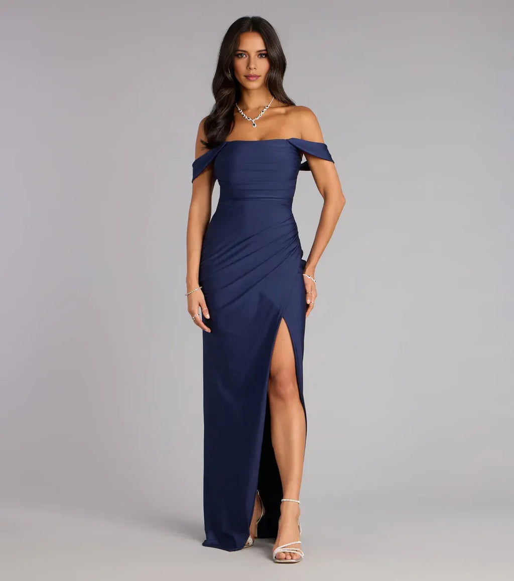 Romantic Mermaid Off-The-Shoulder Sleeveless Back Zip Ruched High Slit Floor-Length Prom Dresses