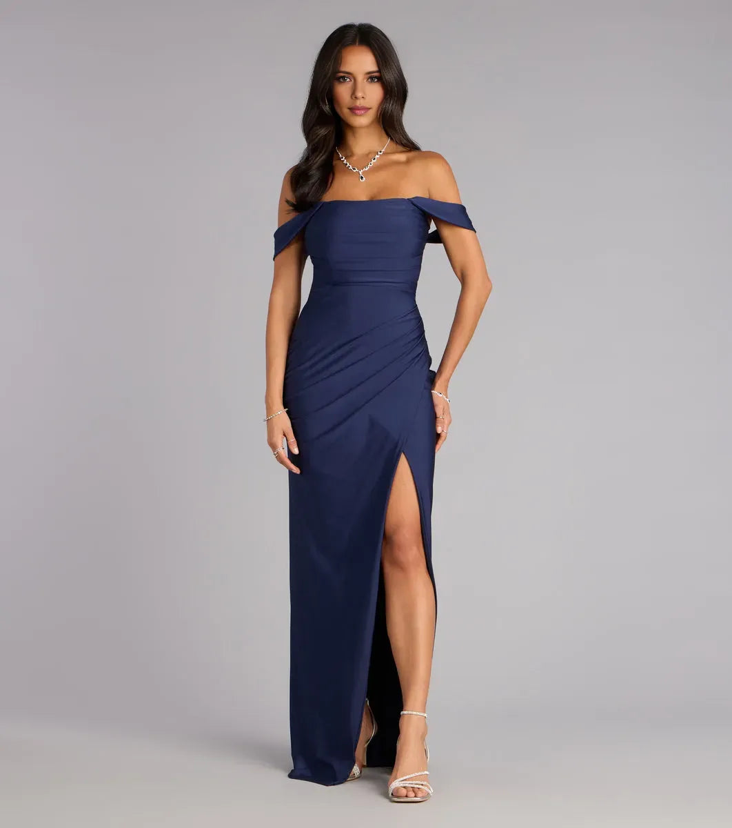 Romantic Mermaid Off-The-Shoulder Sleeveless Back Zip Ruched High Slit Floor-Length Prom Dresses