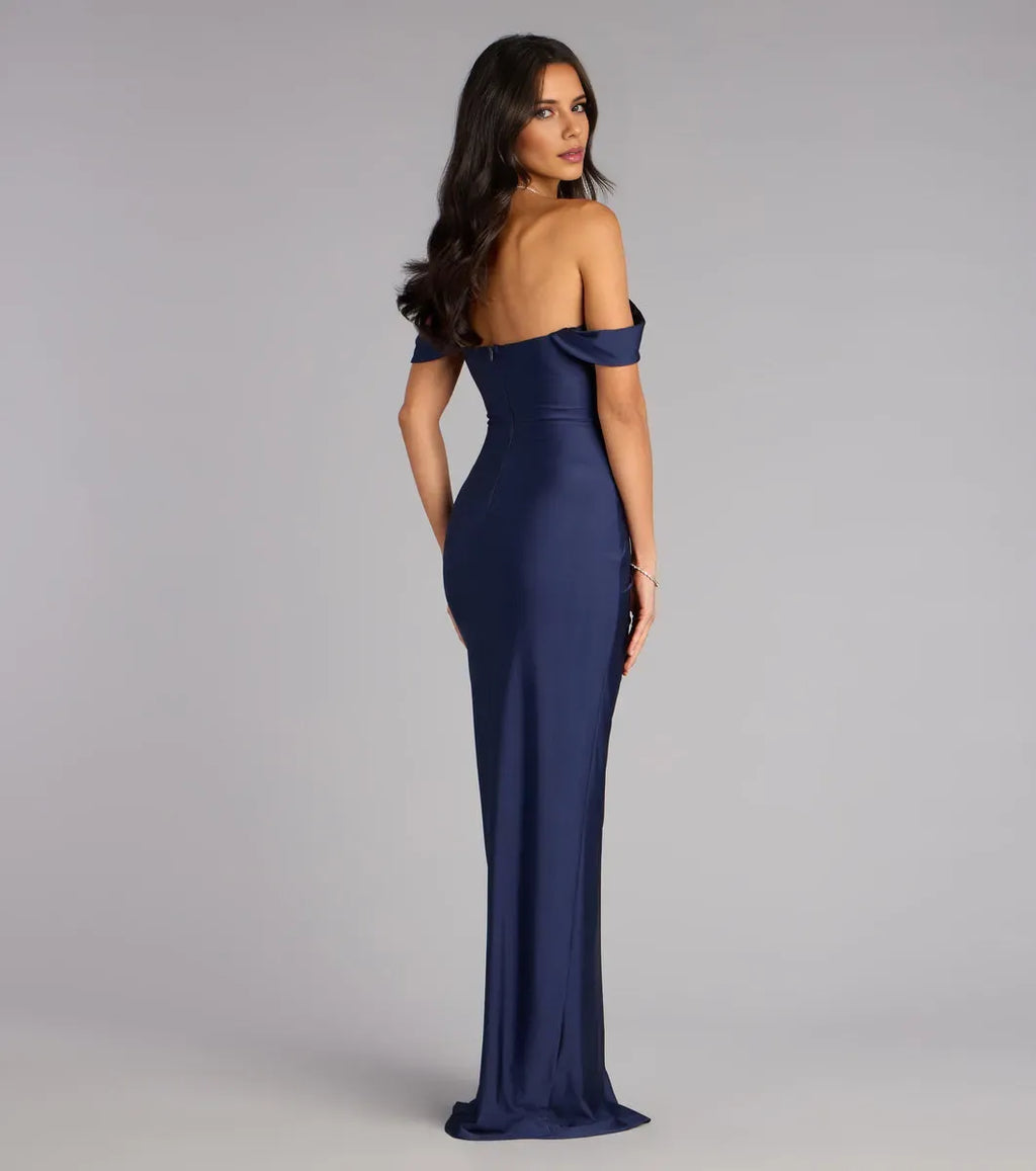 Romantic Mermaid Off-The-Shoulder Sleeveless Back Zip Ruched High Slit Floor-Length Prom Dresses