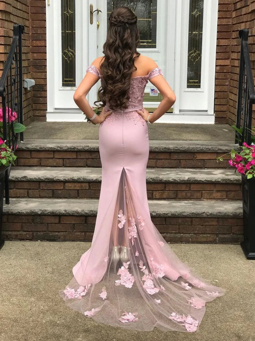 Blush Pink Romantic Mermaid Off-the-Shoulder Floral Blush Floor-Length Party Dress