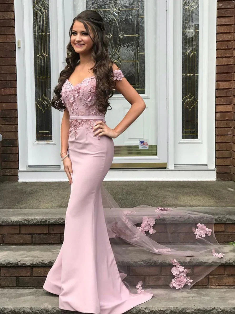 Blush Pink Romantic Mermaid Off-the-Shoulder Floral Blush Floor-Length Party Dress