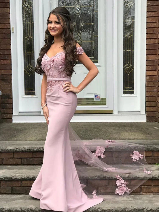 Romantic Pink Floral Mermaid Off-the-Shoulder Classic-Sleeve Classic-Back Floor-Length Evening Dress