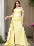 Romantic Mermaid Off-the-Shoulder Short Sleeve Draped Slit Floor-Length Plus Size Prom Dresses with Split Side