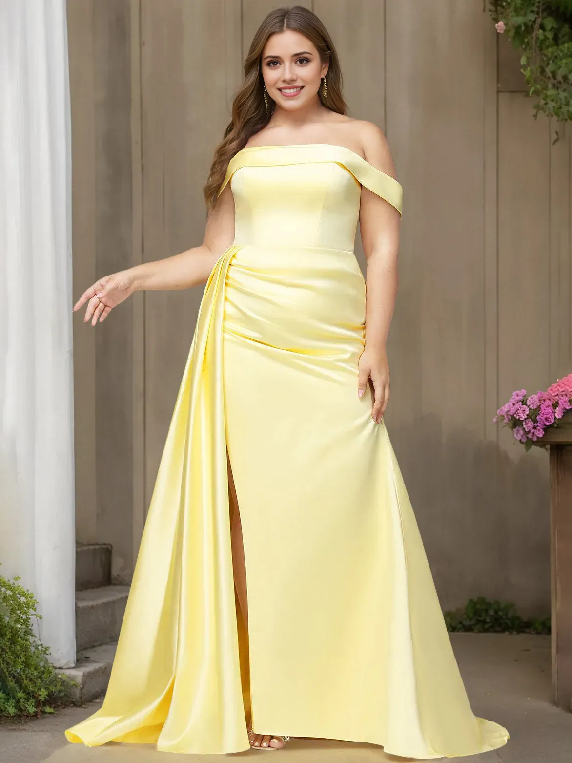 Romantic Mermaid Off-the-Shoulder Short Sleeve Draped Slit Floor-Length Plus Size Prom Dresses with Split Side