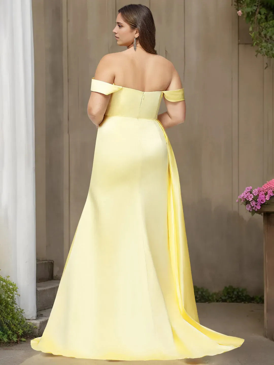 Romantic Mermaid Off-the-Shoulder Short Sleeve Draped Slit Floor-Length Plus Size Prom Dresses with Split Side