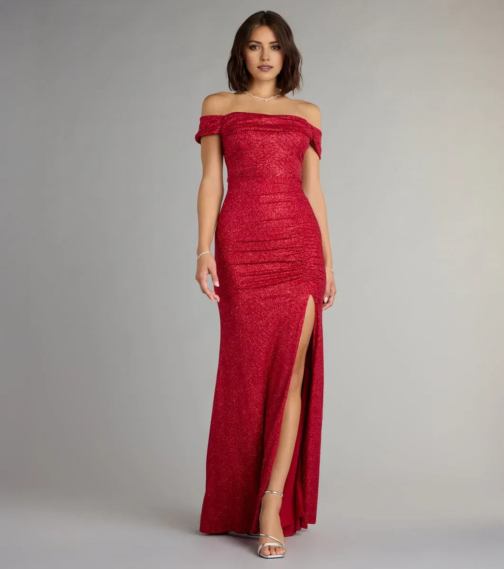 Red Romantic Mermaid Off-the-Shoulder Sleeveless Back Zip Floor-Length Glitter Prom Dresses with Ruched High Slit