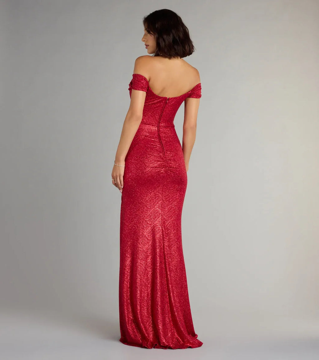 Red Romantic Mermaid Off-the-Shoulder Sleeveless Back Zip Floor-Length Glitter Prom Dresses with Ruched High Slit