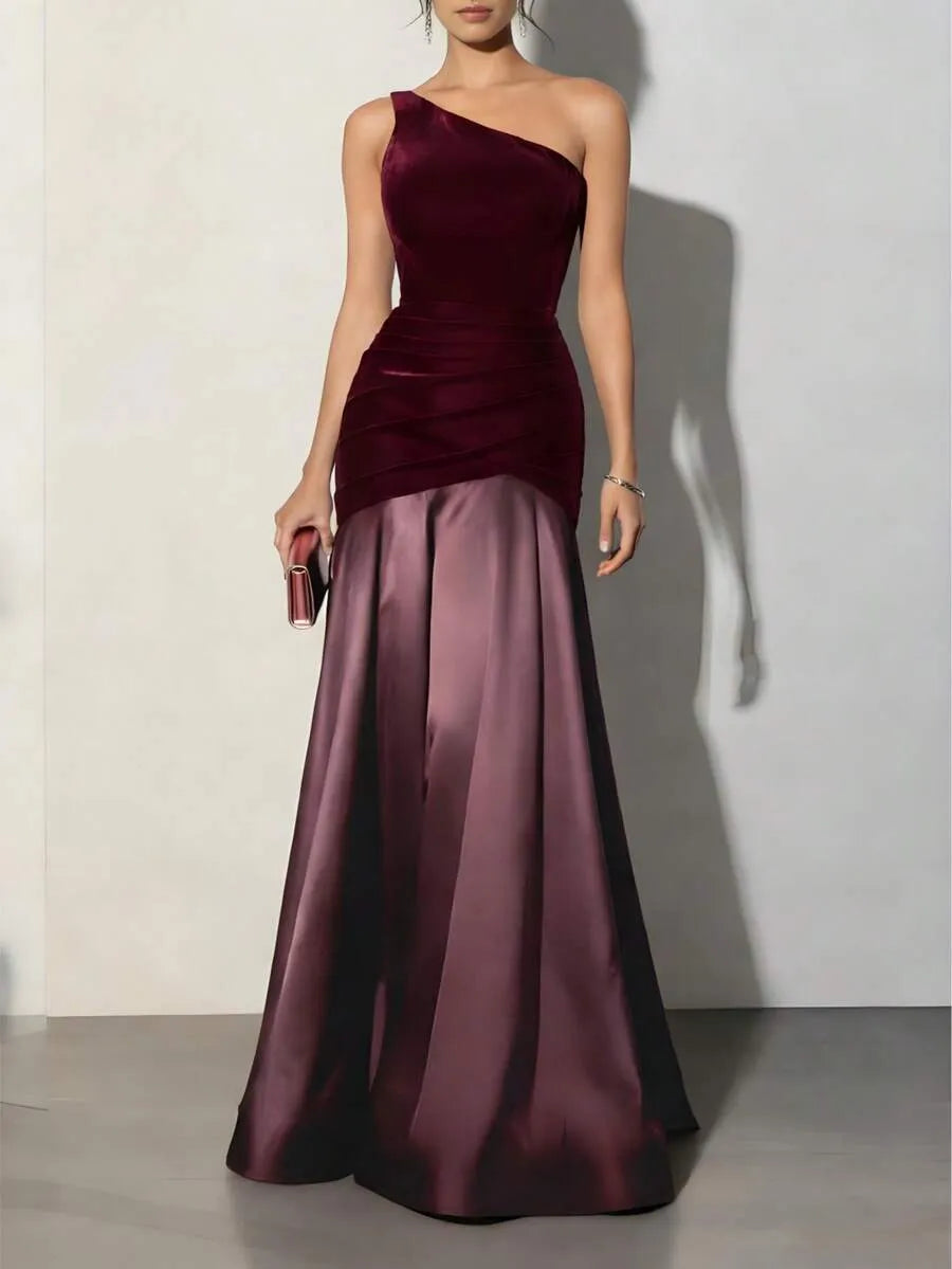 Burgundy Romantic Mermaid One-Shoulder Sleeveless Ruched Burgundy Maxi Prom Dress