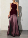 Burgundy Romantic Mermaid One-Shoulder Sleeveless Ruched Burgundy Maxi Prom Dress