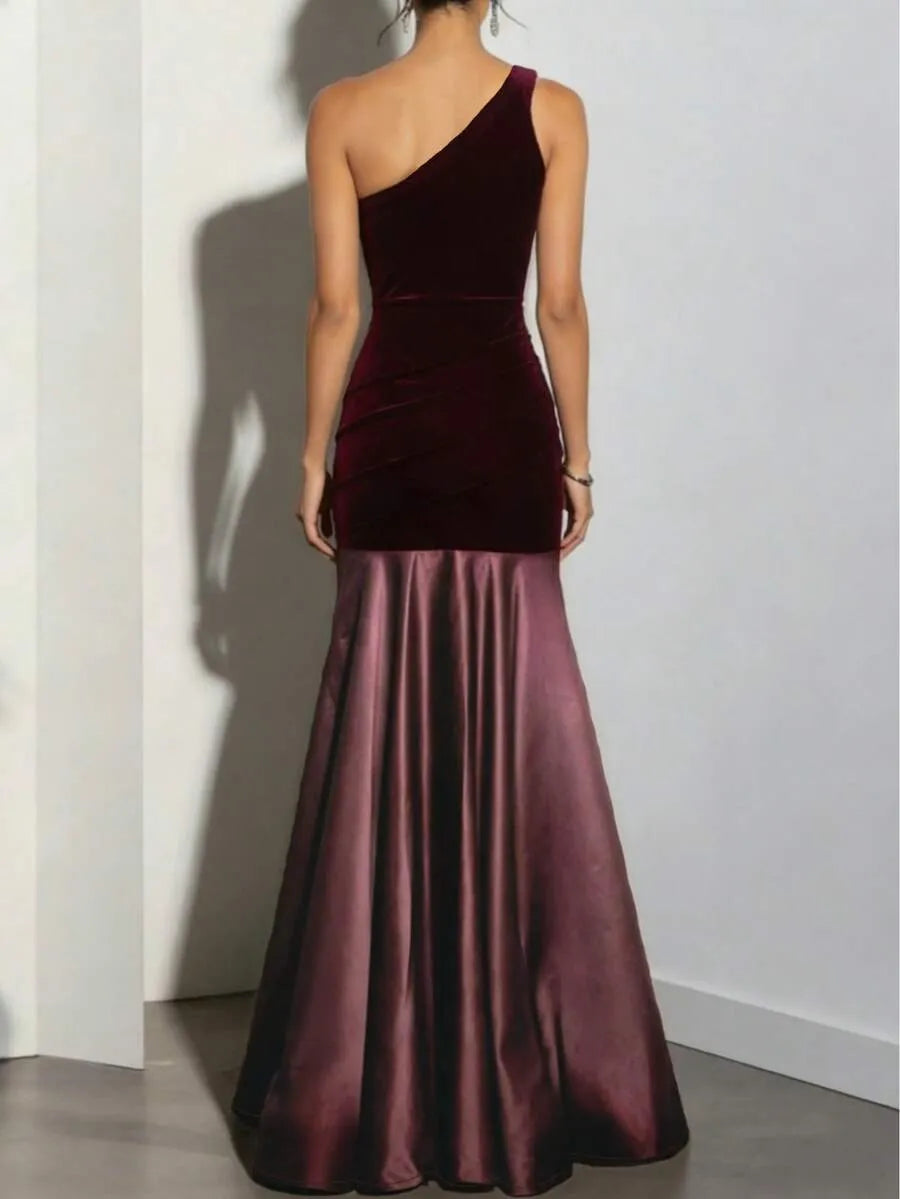 Burgundy Romantic Mermaid One-Shoulder Sleeveless Ruched Burgundy Maxi Prom Dress