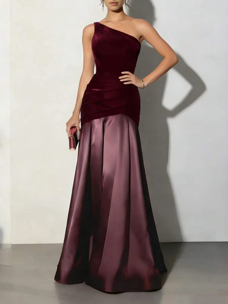 Burgundy Romantic Mermaid One-Shoulder Sleeveless Ruched Burgundy Maxi Prom Dress