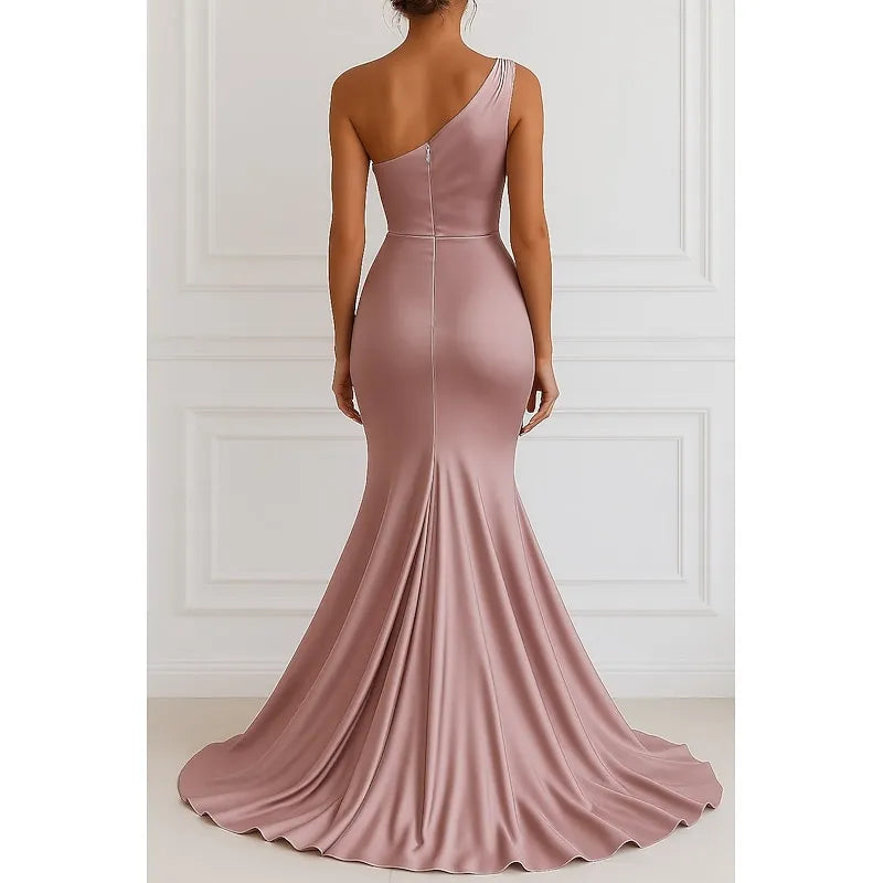 Romantic Mermaid One-Shoulder Sleeveless Ruched Dusty Rose Floor-Length Prom Dress