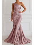 Romantic Mermaid One-Shoulder Sleeveless Ruched Dusty Rose Floor-Length Prom Dress