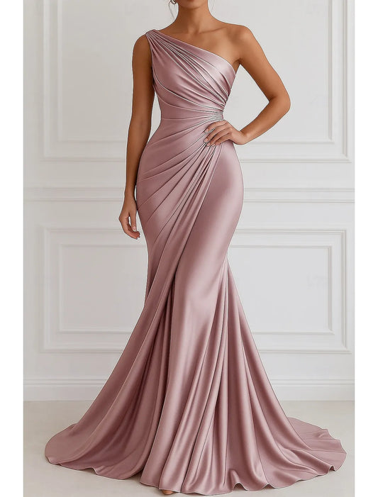 Romantic Pink Mermaid One-Shoulder Sleeveless Classic-Back Floor-Length Prom Dress