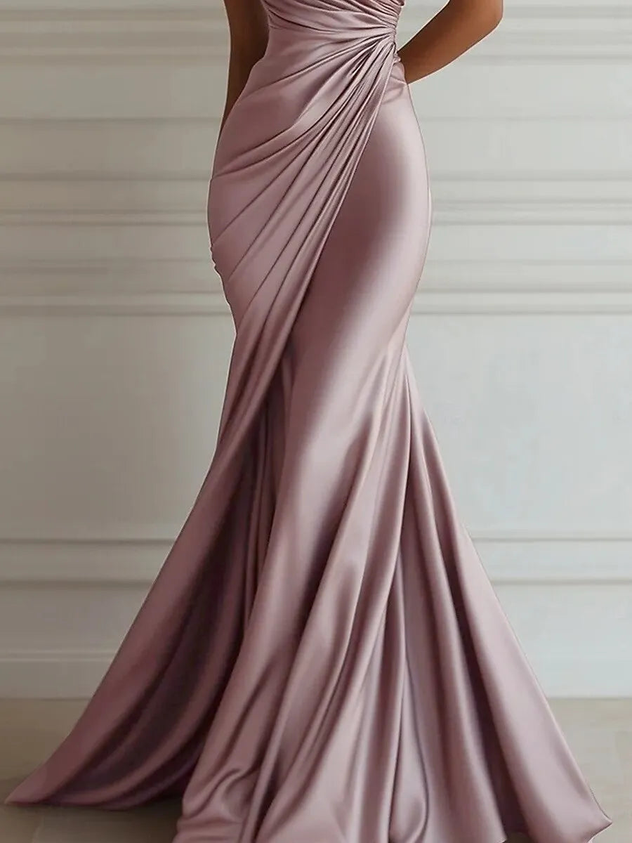 Romantic Mermaid One-Shoulder Sleeveless Ruched Dusty Rose Floor-Length Prom Dress