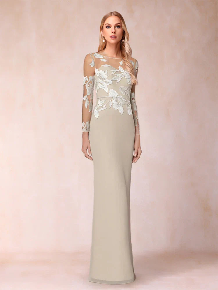 Romantic Mermaid Round Neck Long Sleeve Open Back Floor-Length Mother of the Bride Dresses