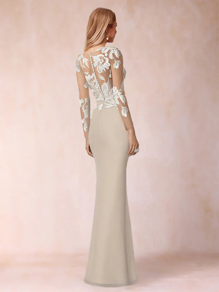 Romantic Mermaid Round Neck Long Sleeve Open Back Floor-Length Mother of the Bride Dresses