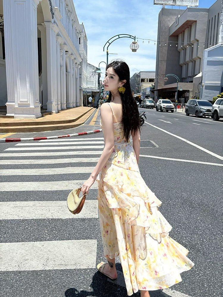 Yellow Romantic Mermaid Square Neck Sleeveless Floral Maxi Prom Dress
