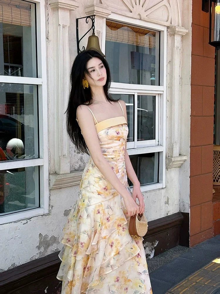 Yellow Romantic Mermaid Square Neck Sleeveless Floral Maxi Prom Dress