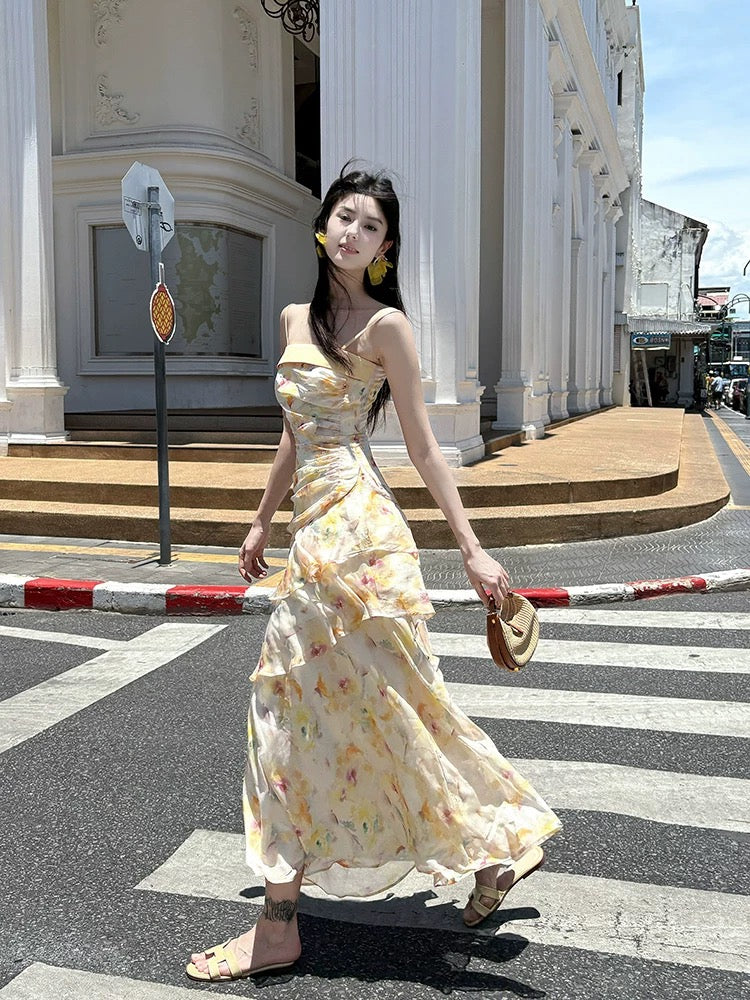 Yellow Romantic Mermaid Square Neck Sleeveless Floral Maxi Prom Dress