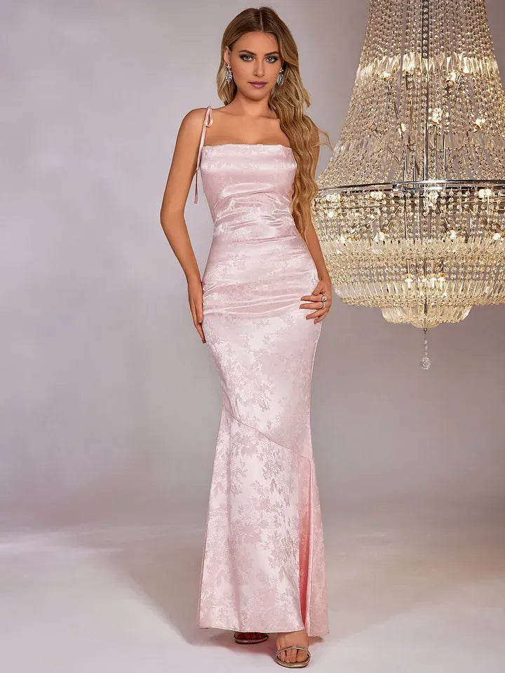 Romantic Mermaid Square Neck Spaghetti Strap Lace-Up Back Floor-Length Floral Jacquard Prom Dresses