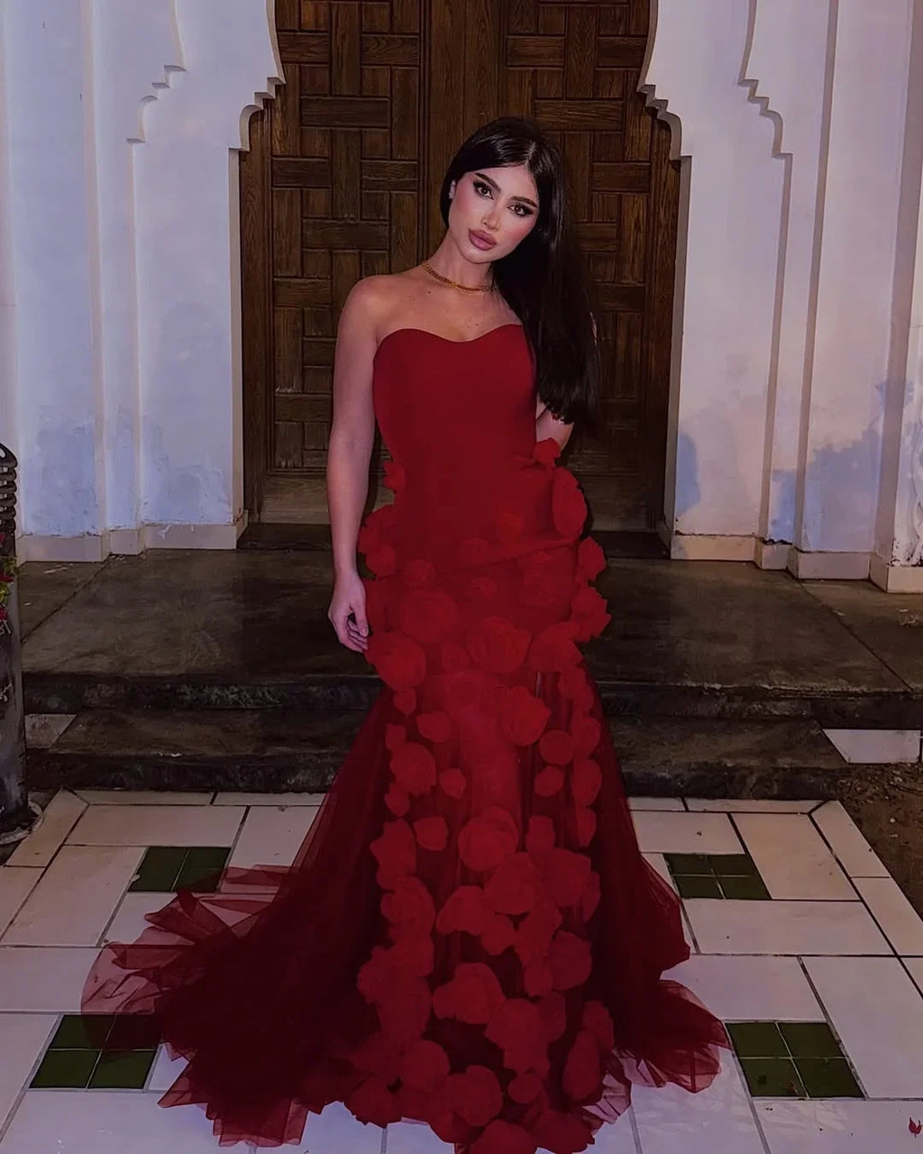 Red Romantic Mermaid Strapless 3D Rose Train Party Dress