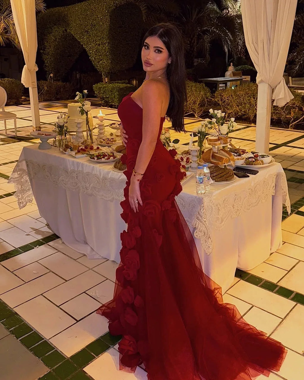 Red Romantic Mermaid Strapless 3D Rose Train Party Dress