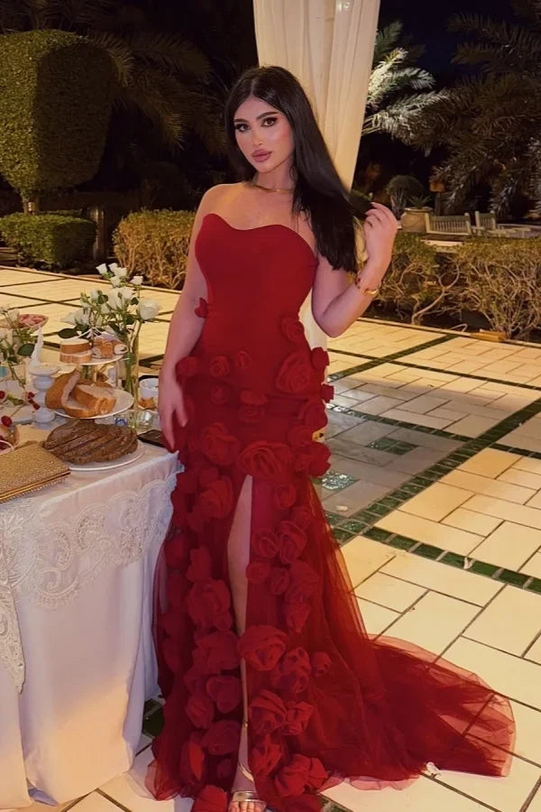 Red Romantic Mermaid Strapless 3D Rose Train Party Dress