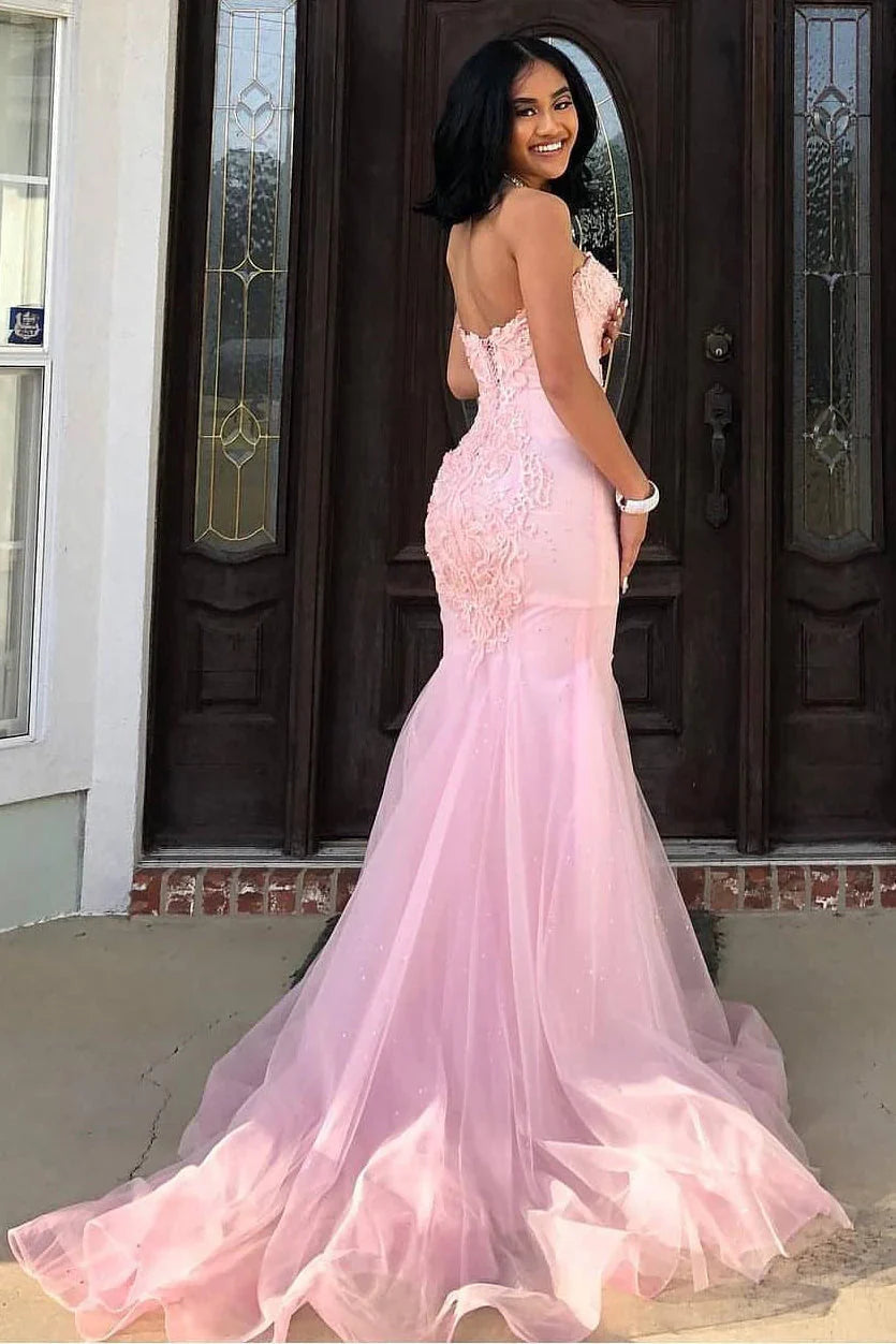 Pink Romantic Mermaid Strapless Floor-Length Prom Dress