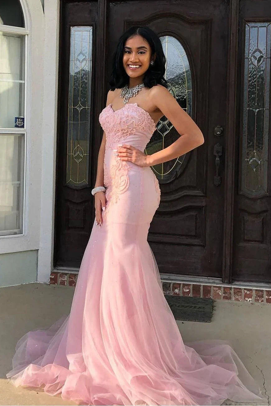 Pink Romantic Mermaid Strapless Floor-Length Prom Dress