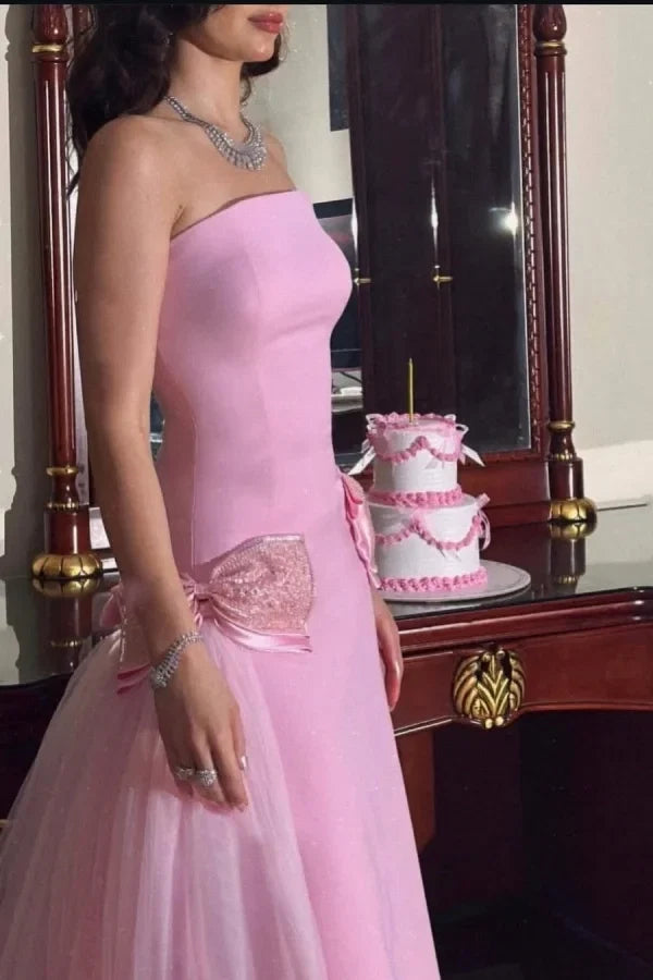 Pink Romantic Mermaid Strapless Sleeveless Bow Party Dress