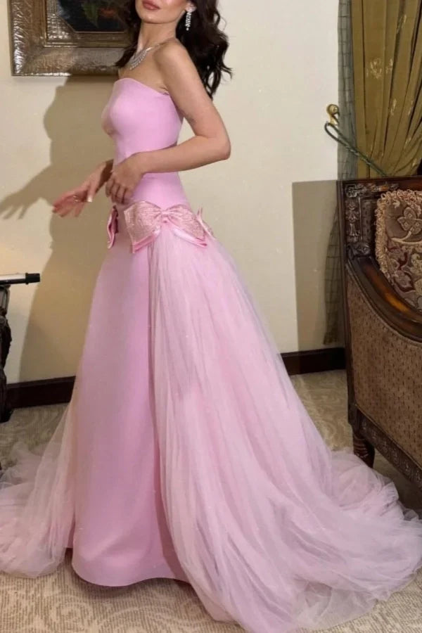 Pink Romantic Mermaid Strapless Sleeveless Bow Party Dress