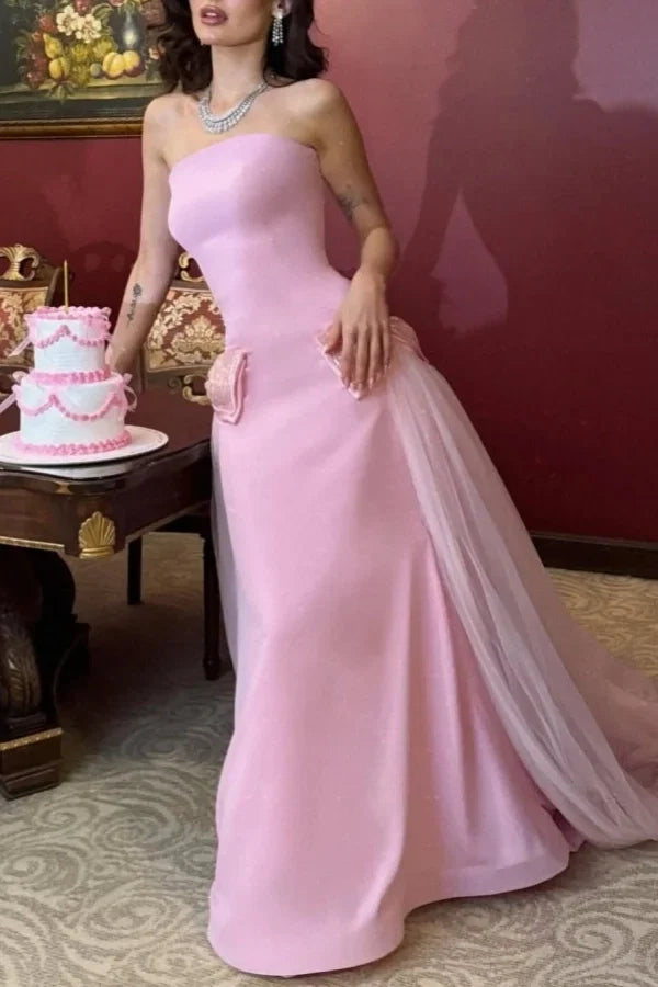 Pink Romantic Mermaid Strapless Sleeveless Bow Party Dress