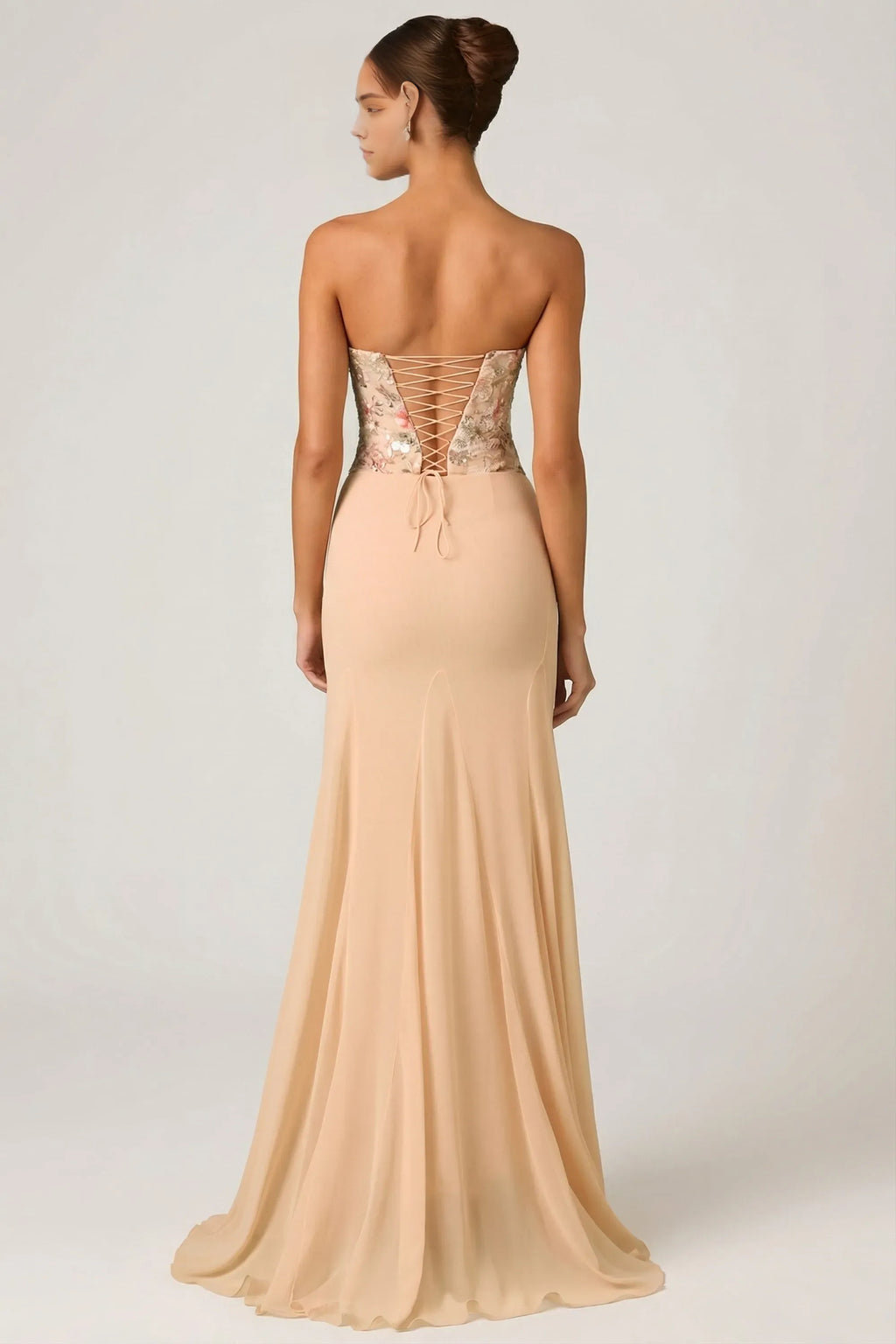 Romantic Mermaid Strapless Sleeveless Floral Embellished Up Back Floor Length Prom Dresses