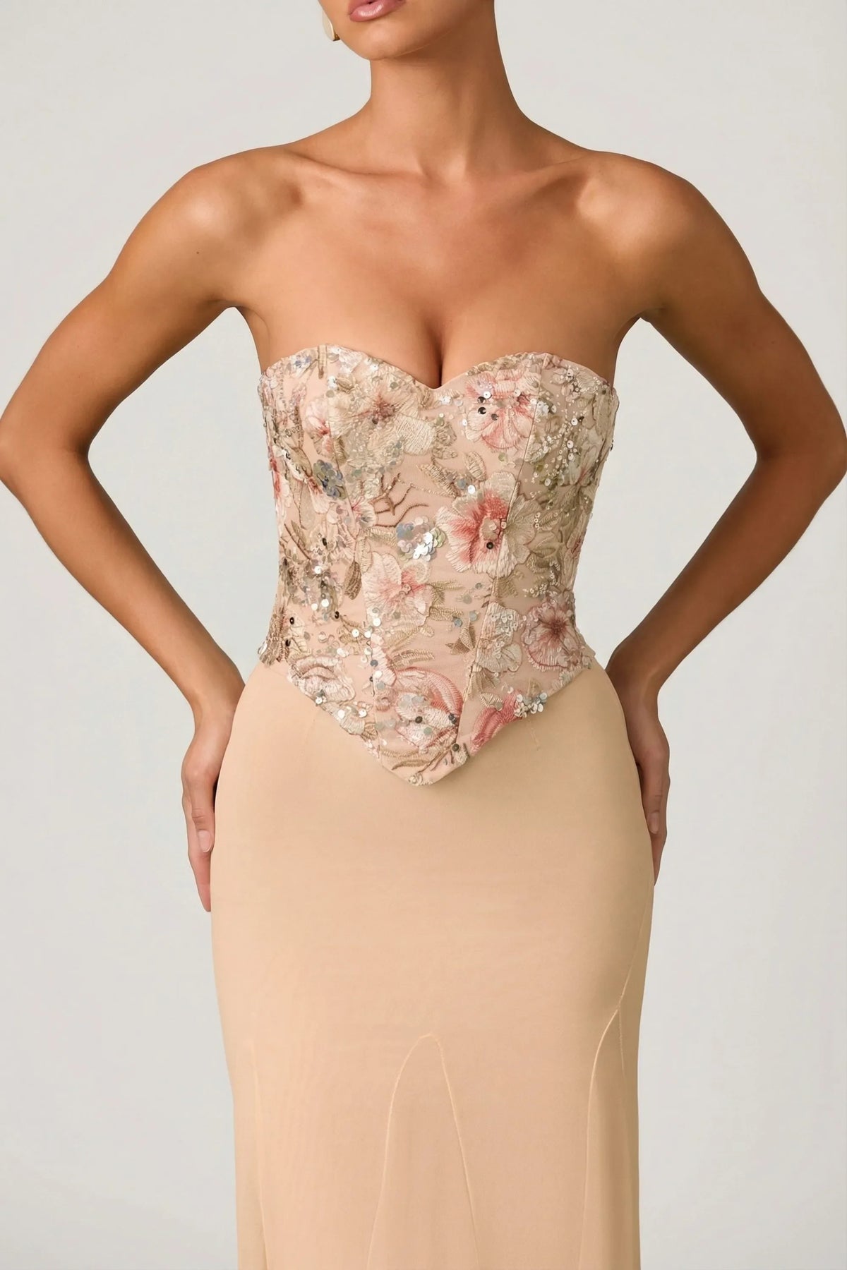 Romantic Mermaid Strapless Sleeveless Floral Embellished Up Back Floor Length Prom Dresses