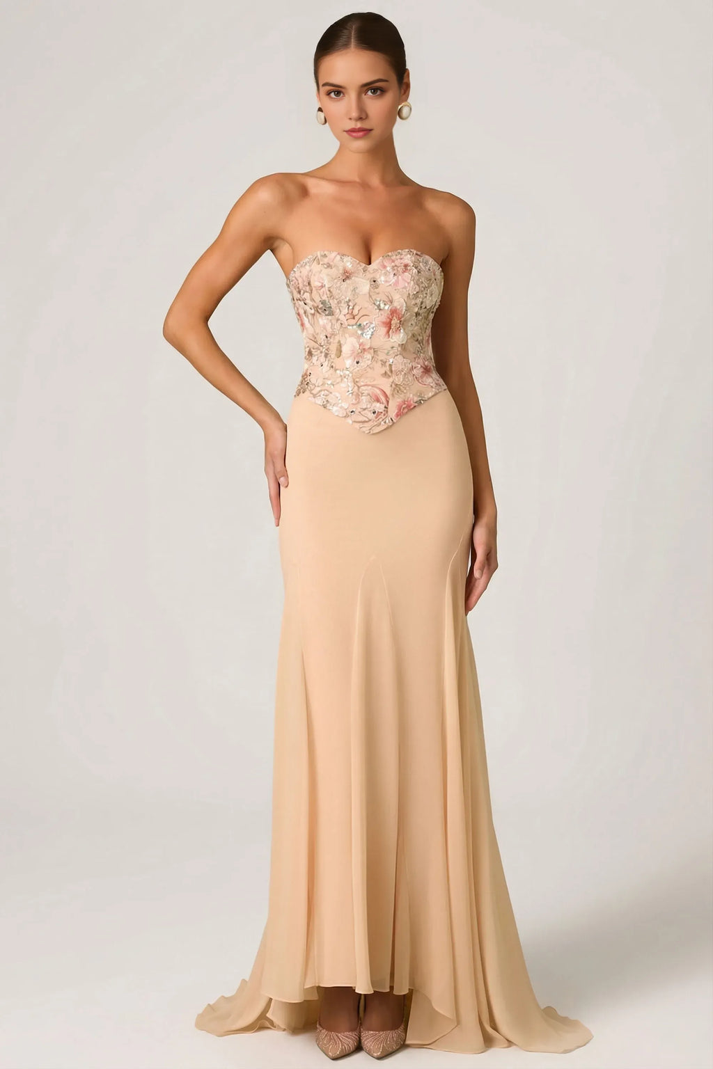 Romantic Mermaid Strapless Sleeveless Floral Embellished Up Back Floor Length Prom Dresses