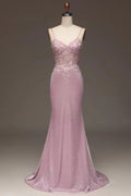 Romantic Mermaid Sweetheart Sleeveless Lace-appliqued Blush Floor-length Prom Dress for Women Custom