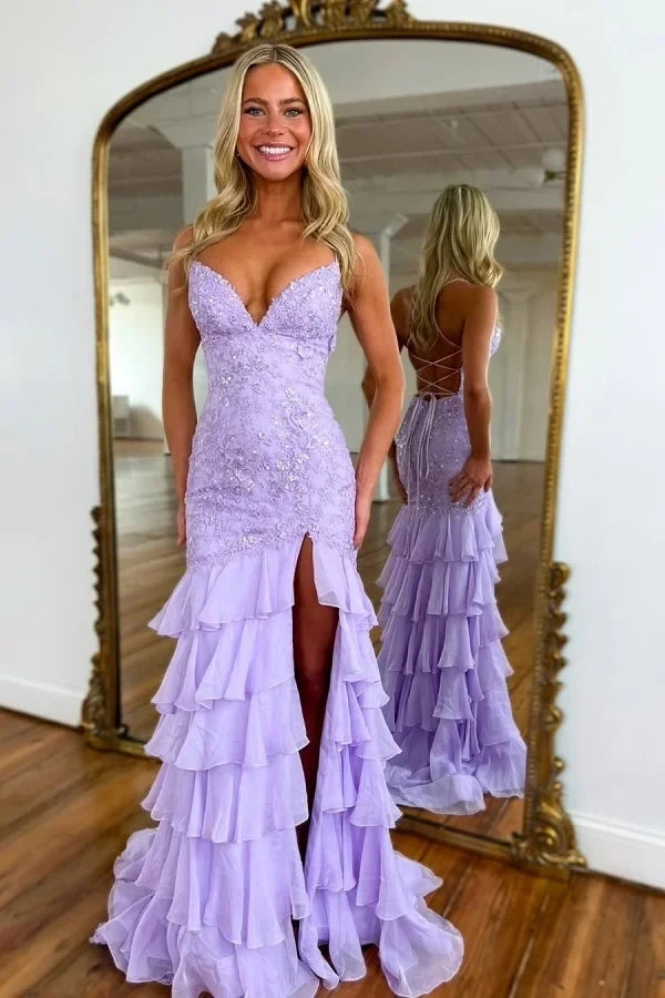 Lavender Romantic Mermaid Sweetheart Spaghetti Strap Ruffled Maxi Prom Dress