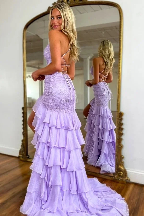 Lavender Romantic Mermaid Sweetheart Spaghetti Strap Ruffled Maxi Prom Dress