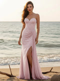 Romantic Mermaid Sweetheart Strapless Lace-Up-Back Beading Ruched Floor-Length Prom Dresses