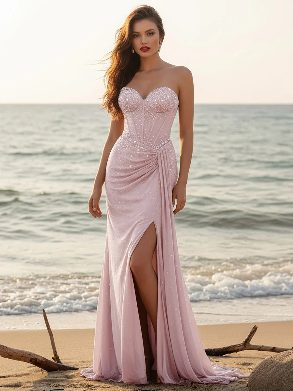Romantic Pink Lace Mermaid Sweetheart Classic-Sleeve Lace-Up-Back Floor-Length Prom Dress