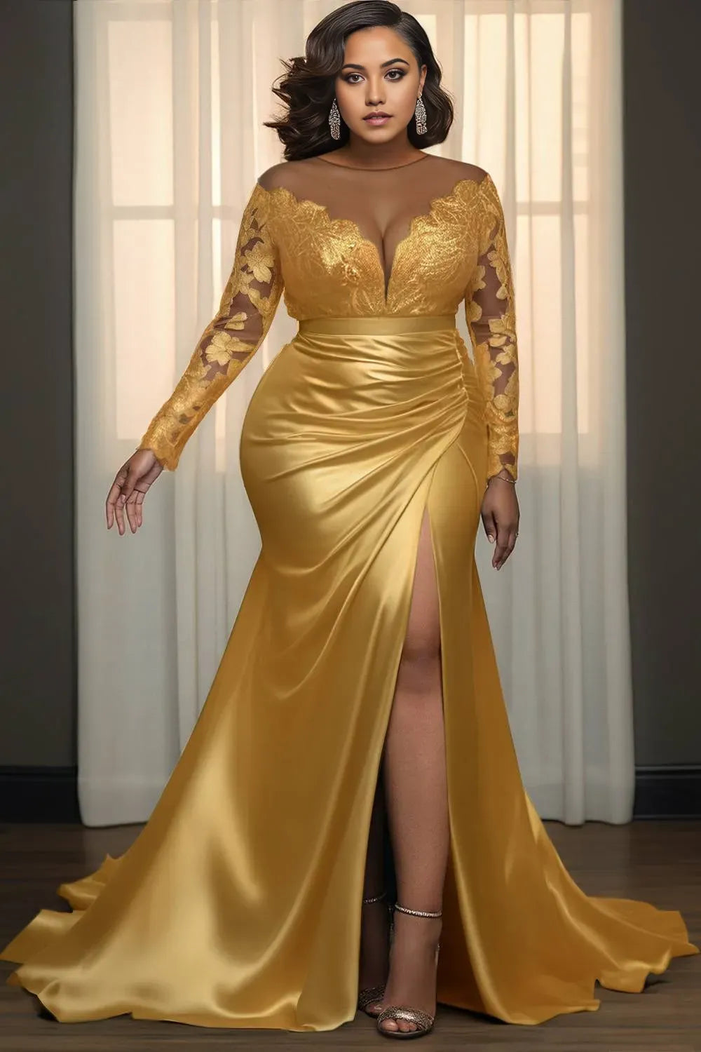 Graceful Elegant Gold Lace Mermaid Scoop Neck Long Sleeve Long Prom Dress