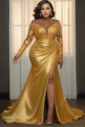 Graceful Elegant Gold Lace Mermaid Scoop Neck Long Sleeve Long Prom Dress