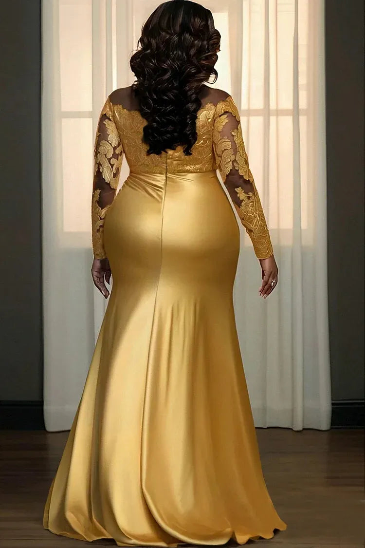 Graceful Elegant Gold Lace Mermaid Scoop Neck Long Sleeve Long Prom Dress