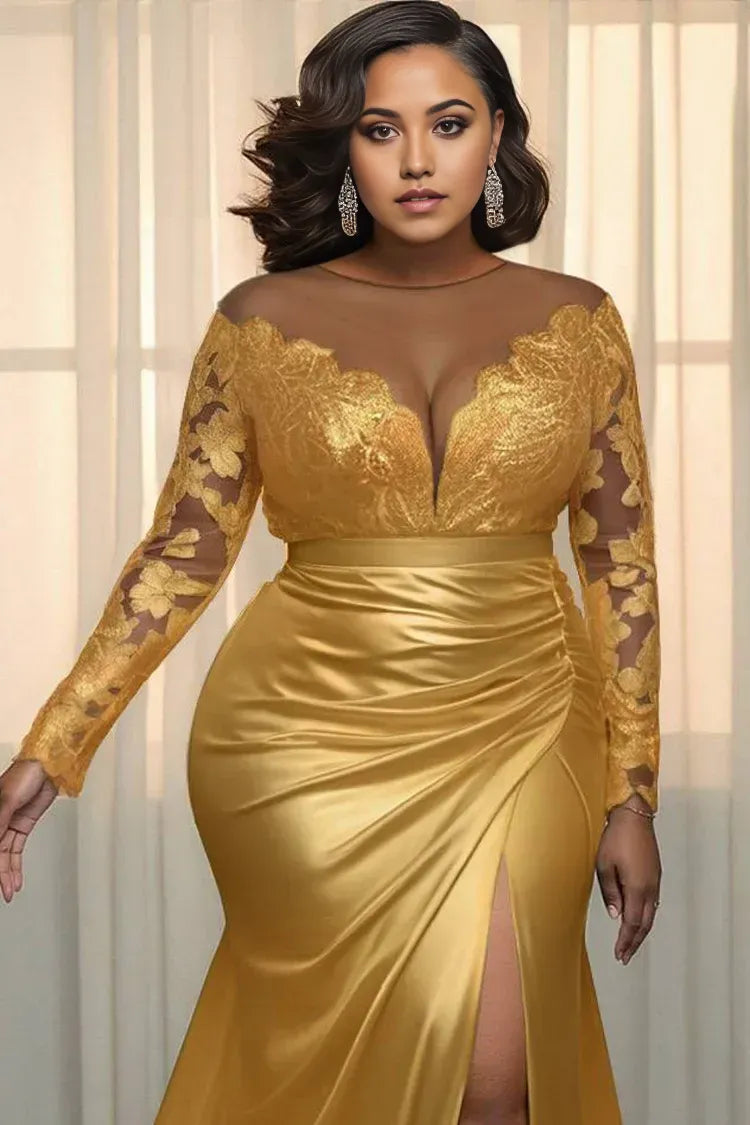 Graceful Elegant Gold Lace Mermaid Scoop Neck Long Sleeve Long Prom Dress