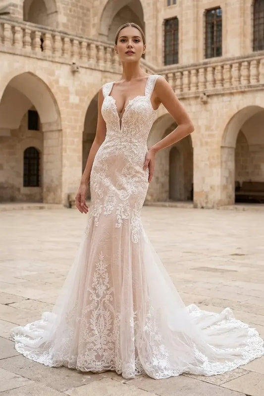 Romantic Red Applique Mermaid V-Neck Sleeveless Classic-Back Floor-Length Wedding Dress