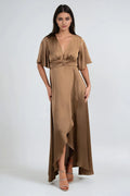 Mocha Romantic A-Line Plunging V-Neck Flutter Sleeve Knot-Waist Back Zip High-Low Prom Dresses