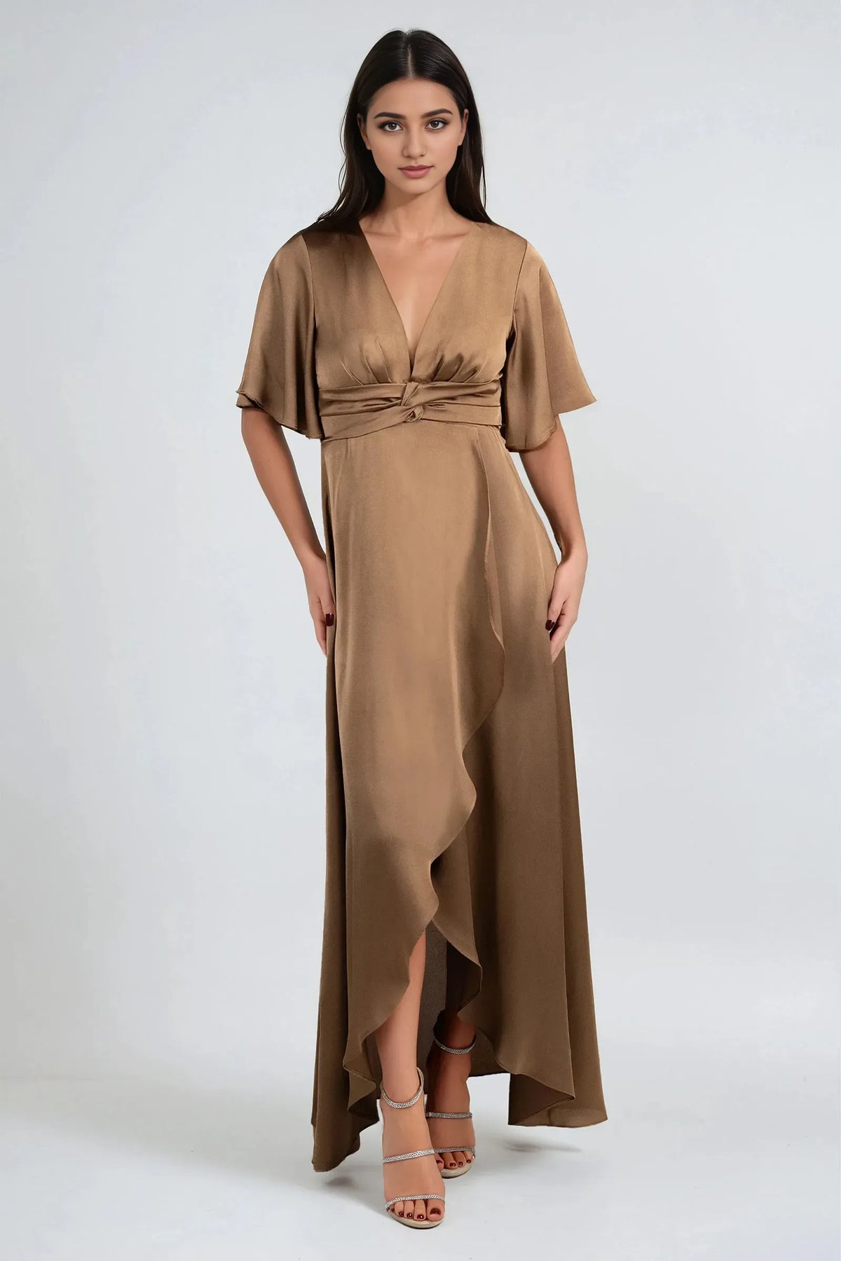 Mocha Romantic A-Line Plunging V-Neck Flutter Sleeve Knot-Waist Back Zip High-Low Prom Dresses